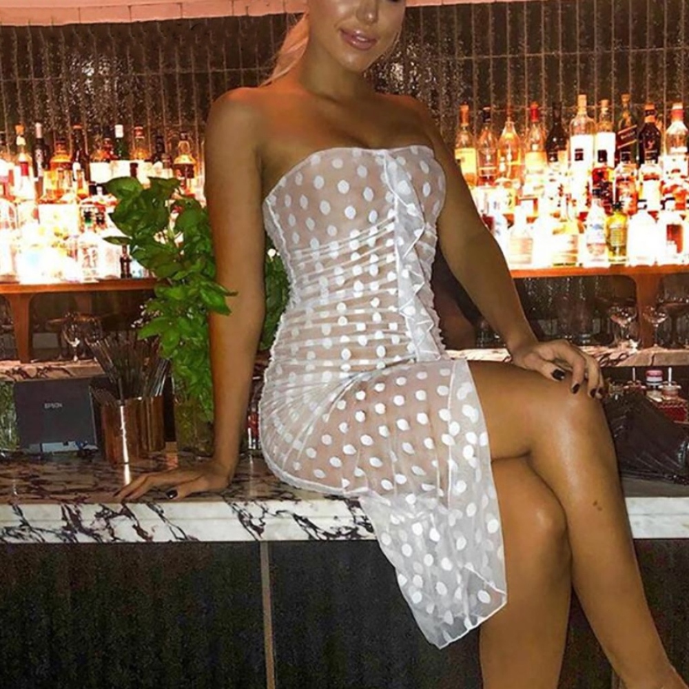 Polka Dot Mesh Ruffle Strapless High Slit Dress - Picture 4 of 6